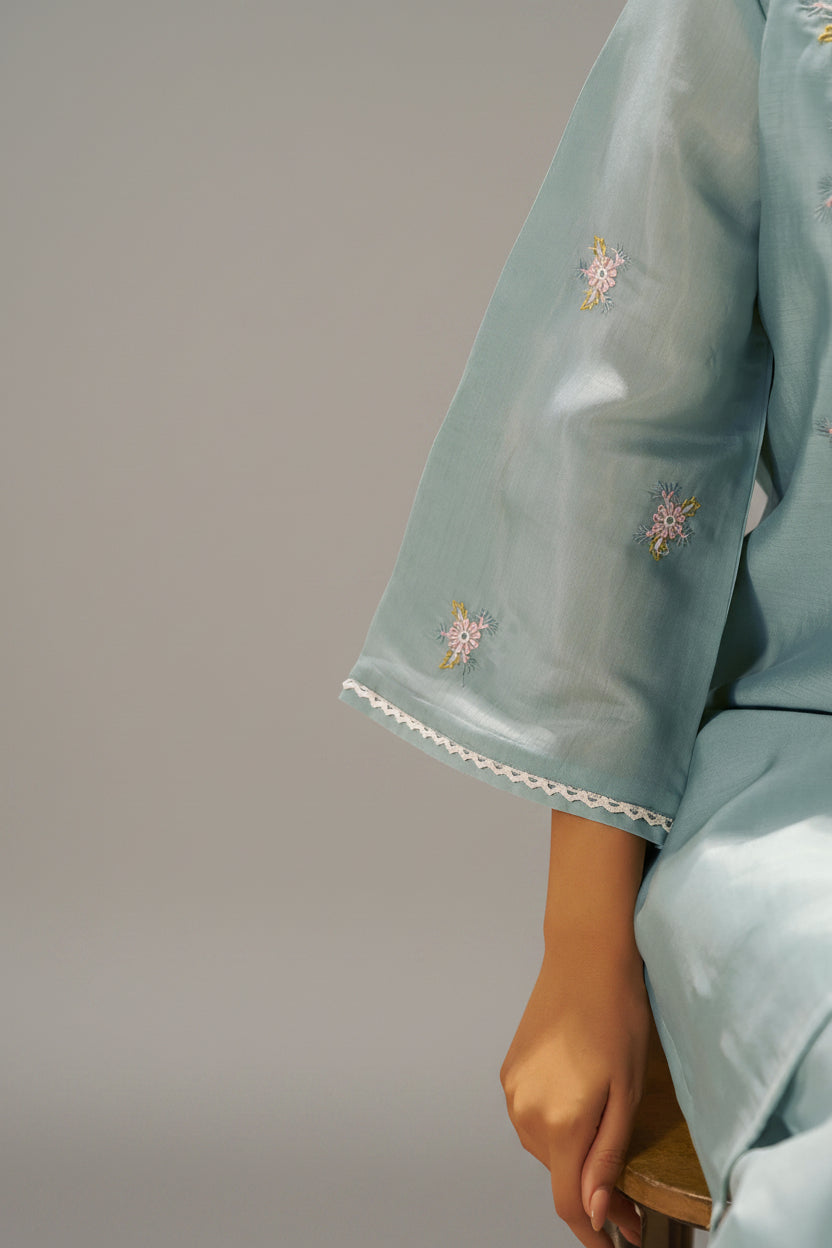 Dusty Teal Blue Mul Chanderi Embroidery Co-ord Set