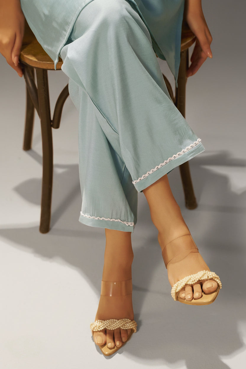 Dusty Teal Blue Mul Chanderi Embroidery Co-ord Set