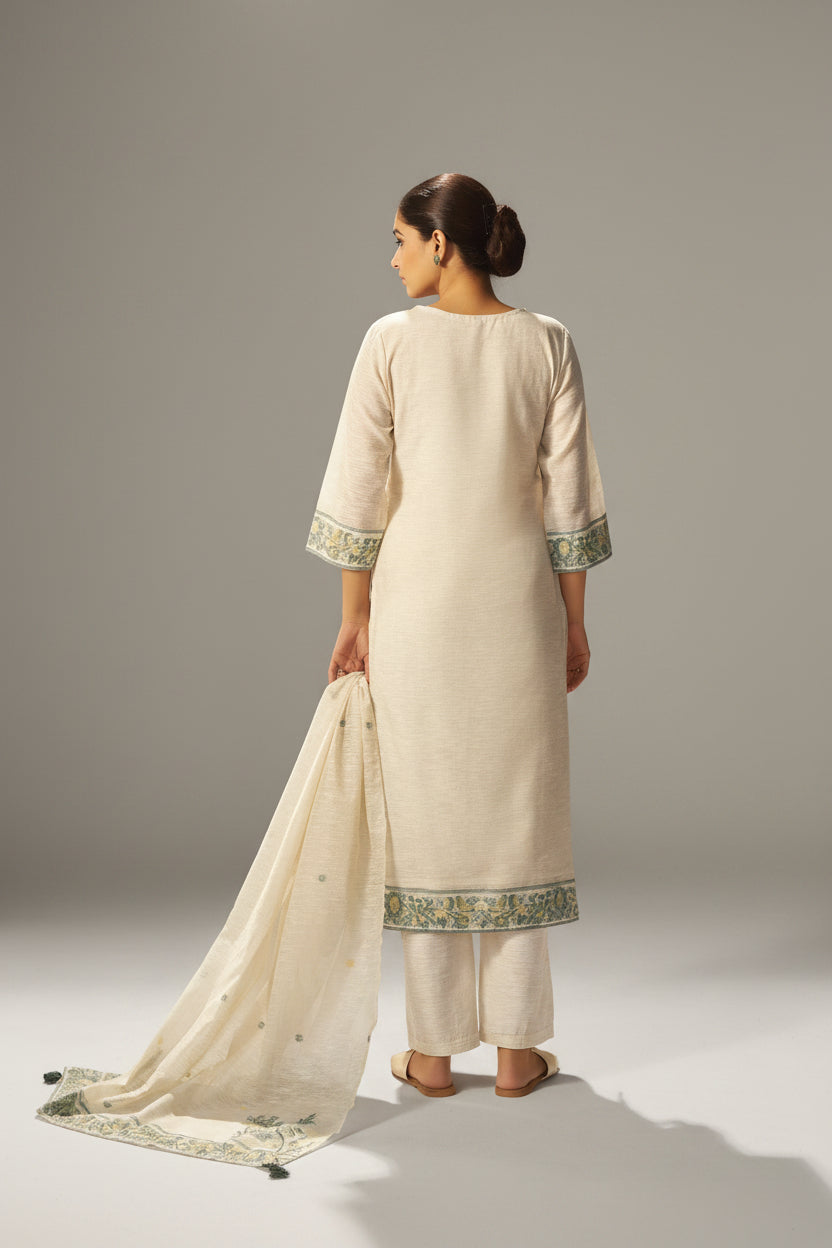 Wisp Beige Linen Chanderi Jacquard Kurta Set