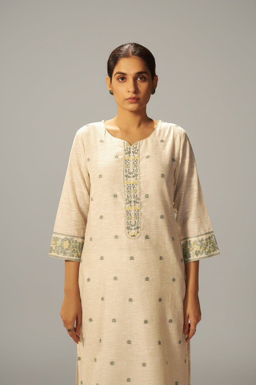 Wisp Beige Linen Chanderi Jacquard Kurta Set