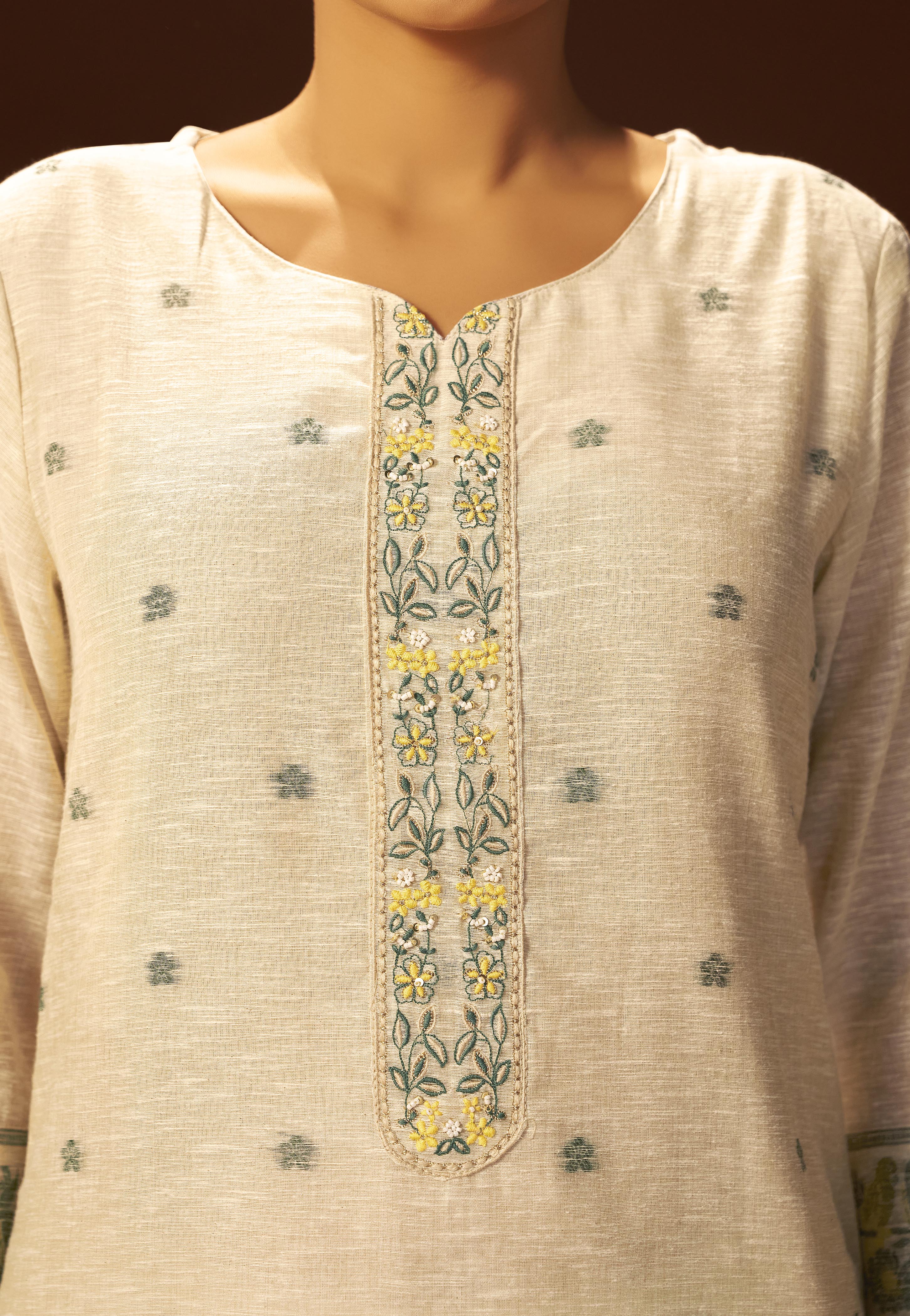 Wisp Beige Linen Chanderi Jacquard Kurta Set
