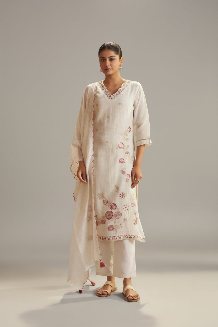 Pearl Cream Linen Cotton Jacquard Festive Kurta Set