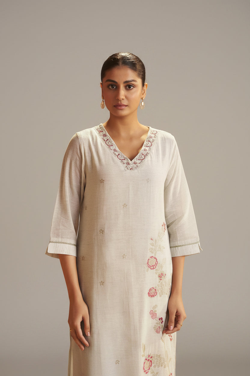 Pearl Cream Linen Cotton Jacquard Festive Kurta Set