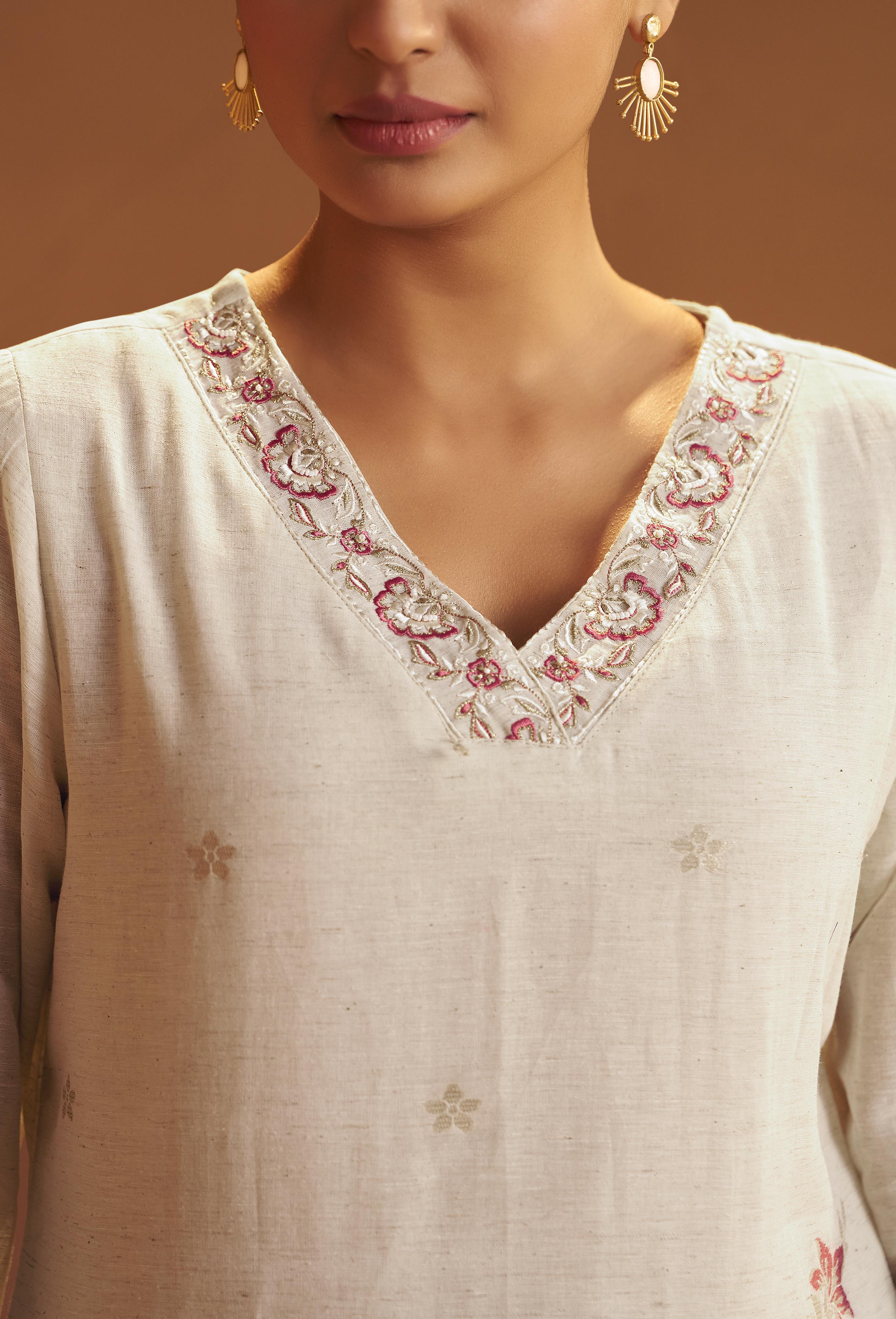 Pearl Cream Linen Cotton Jacquard Festive Kurta Set