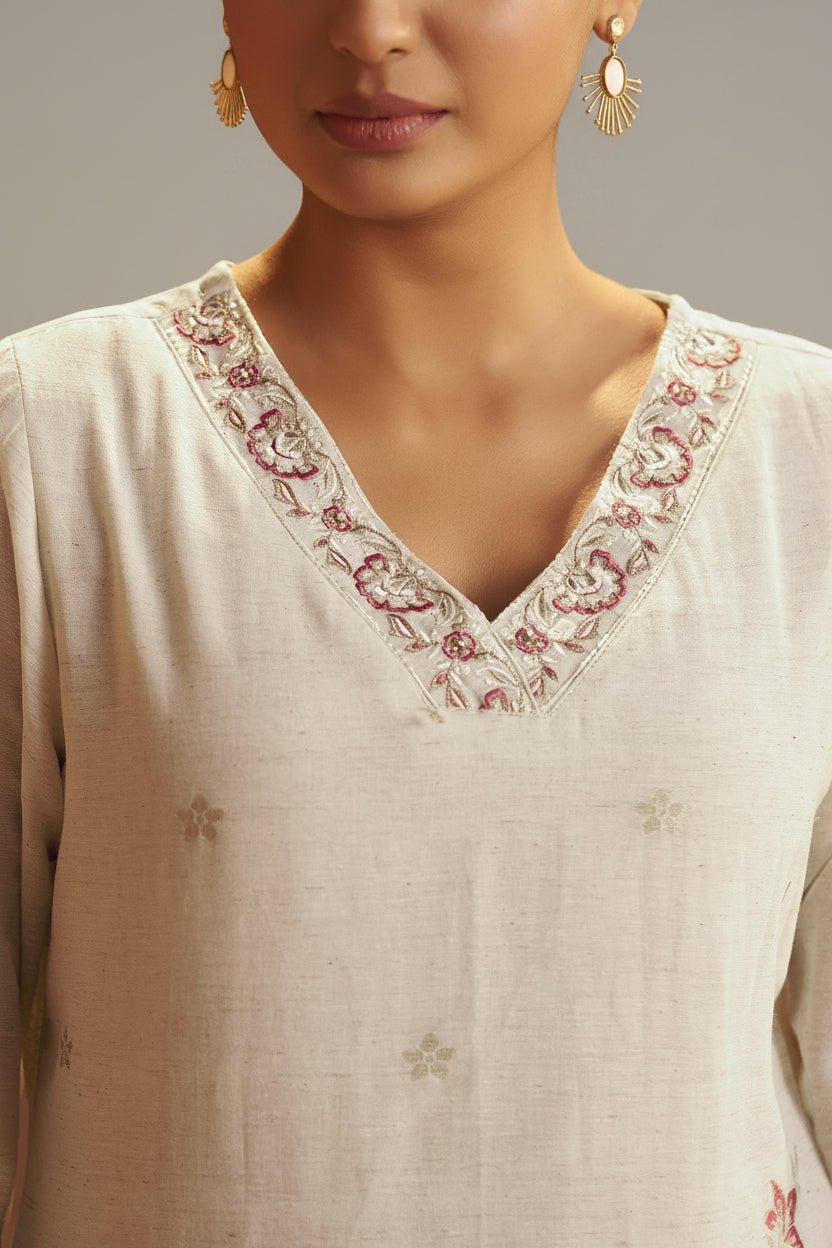Pearl Cream Linen Cotton Jacquard Festive Kurta Set