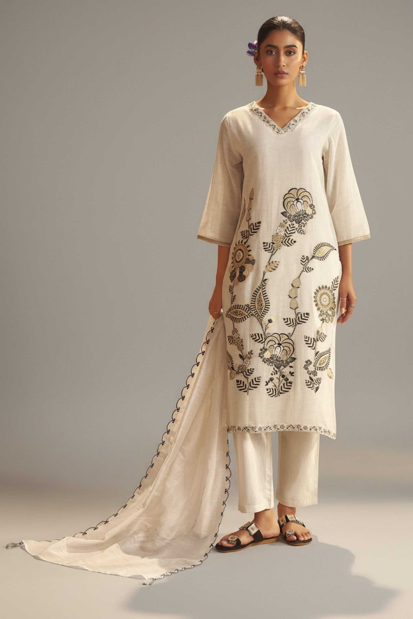Natural Cream Linen Cotton Jacquard Festive Kurta Set