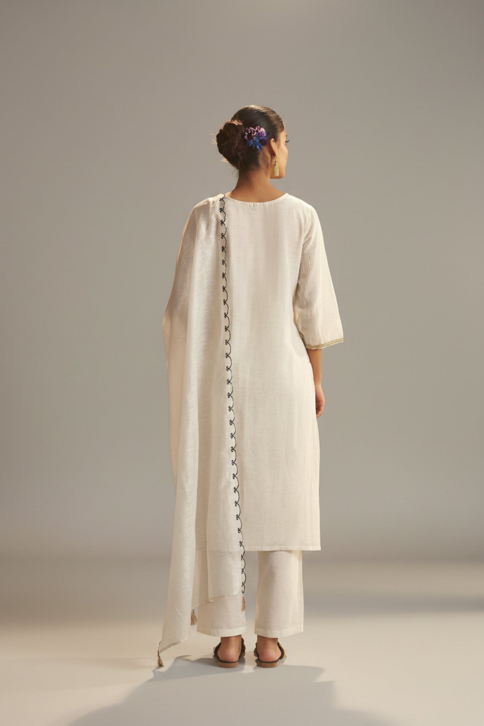 Natural Cream Linen Cotton Jacquard Festive Kurta Set