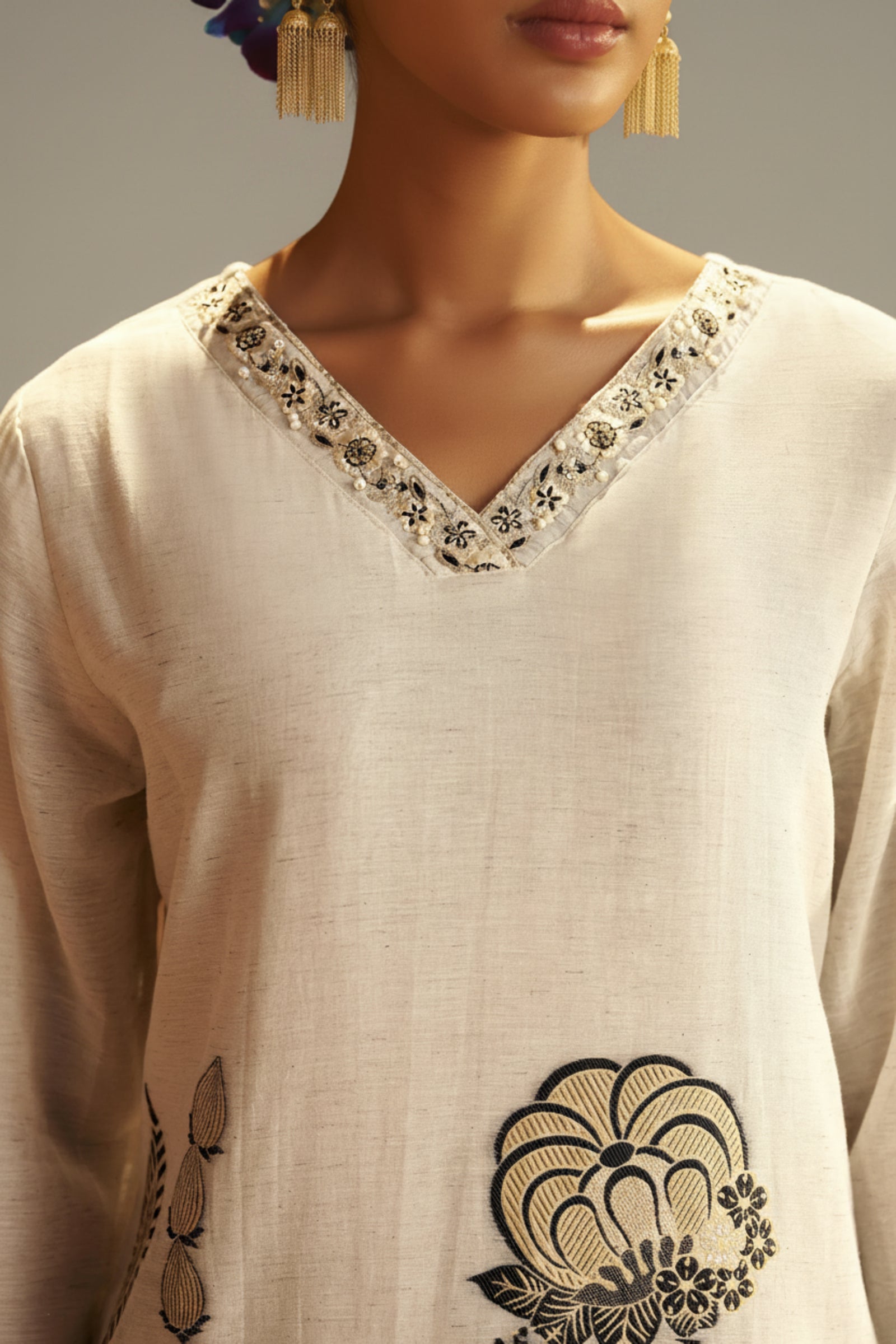 Natural Cream Linen Cotton Jacquard Festive Kurta Set