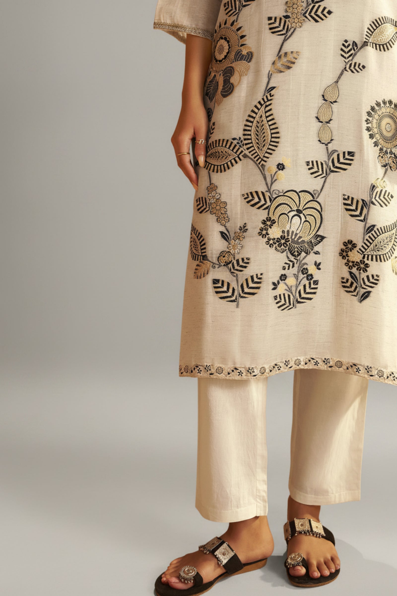Natural Cream Linen Cotton Jacquard Festive Kurta Set