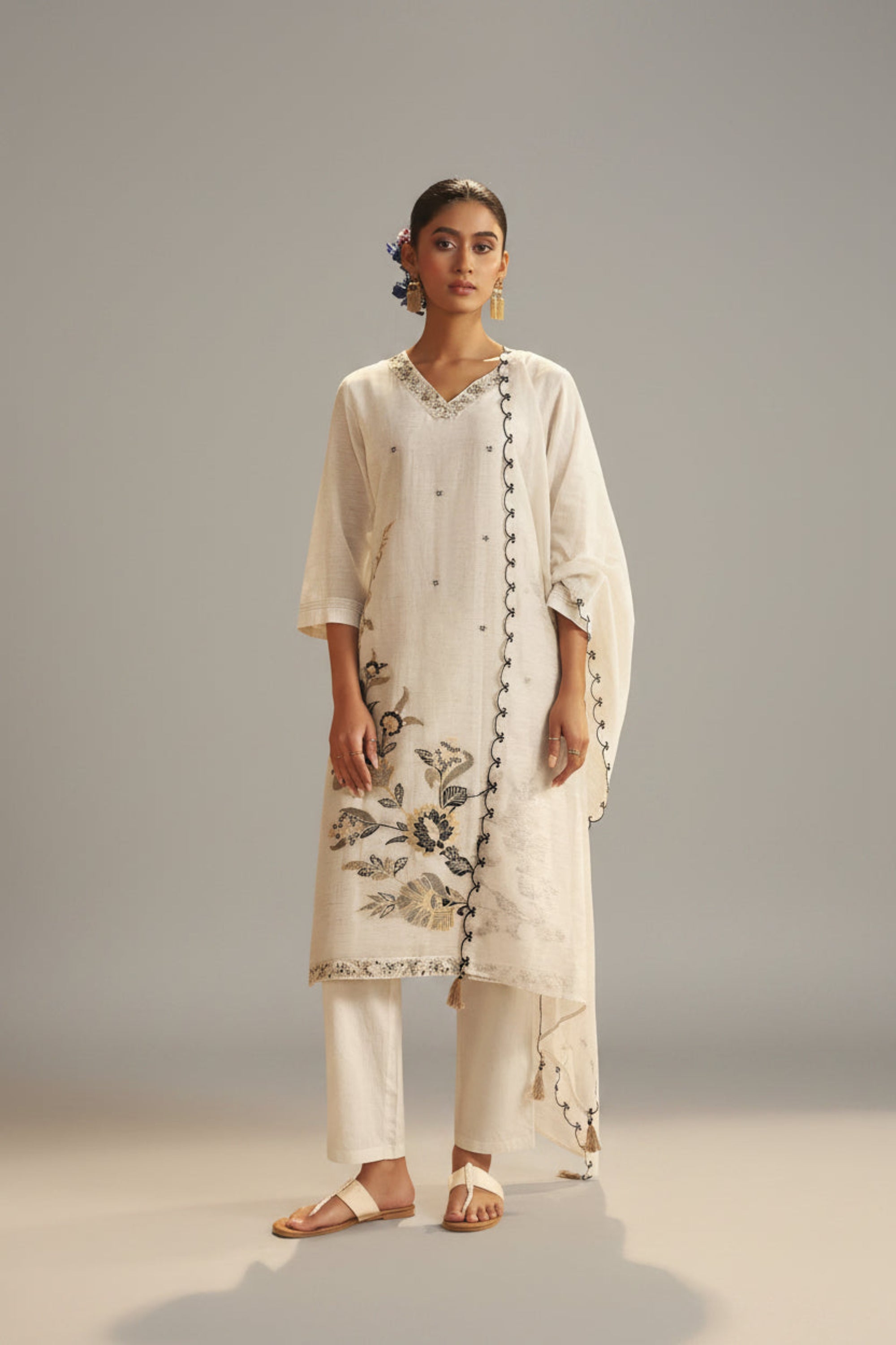 Soft Ecru Cream Linen Cotton Jacquard Festive Kurta Set