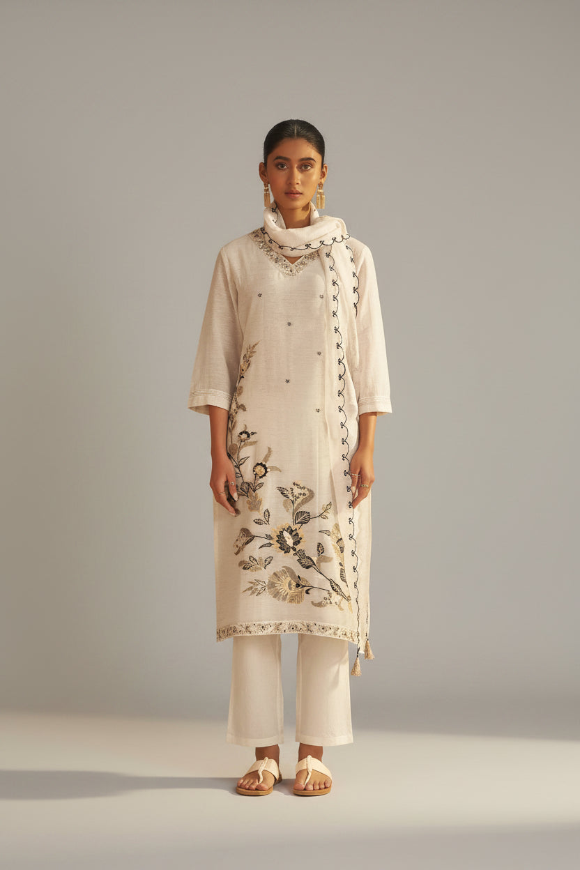 Soft Ecru Cream Linen Cotton Jacquard Festive Kurta Set