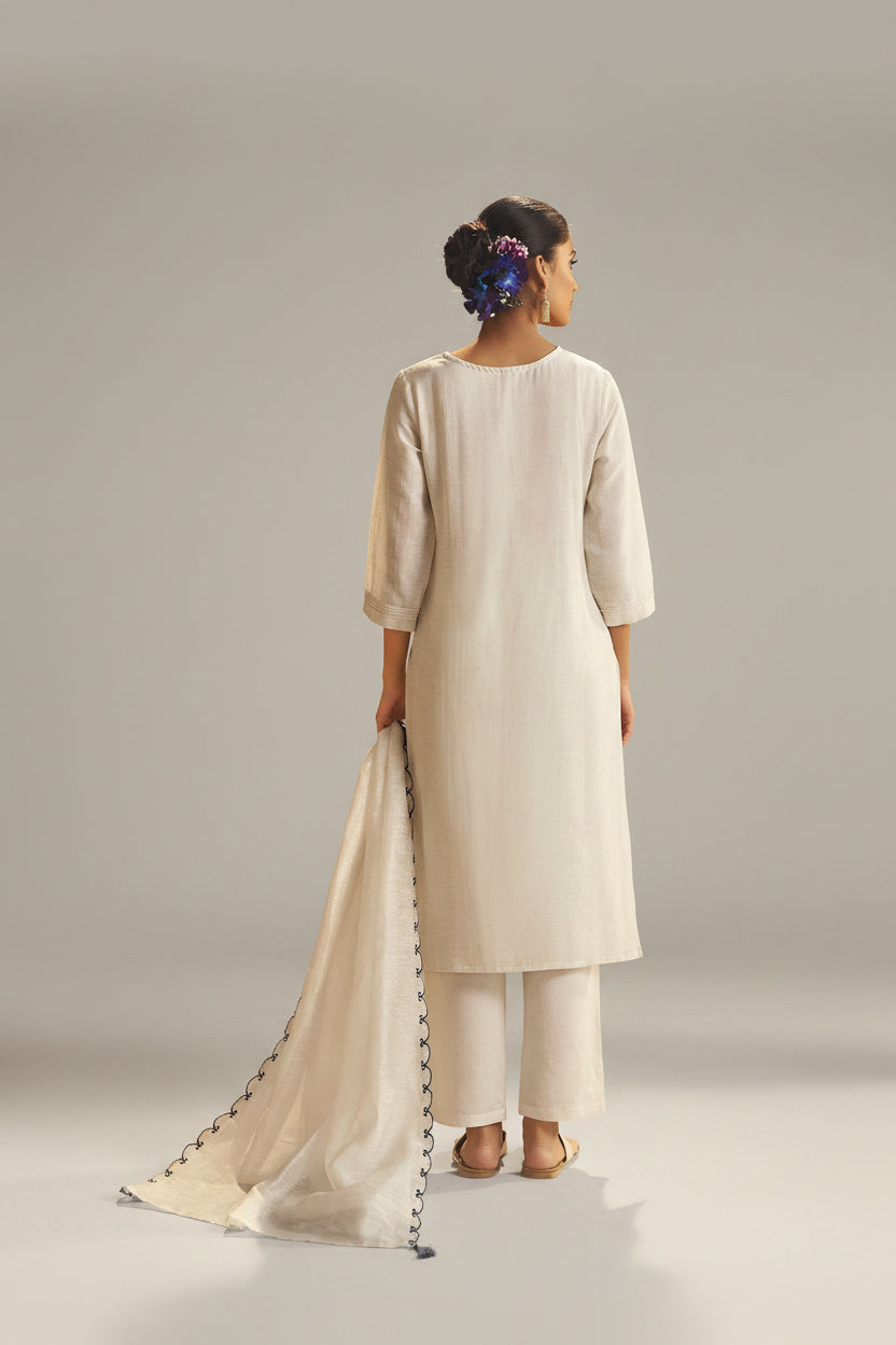 Soft Ecru Cream Linen Cotton Jacquard Festive Kurta Set