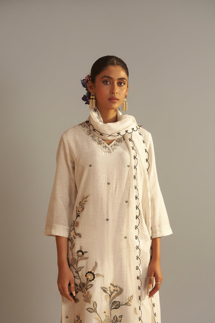 Soft Ecru Cream Linen Cotton Jacquard Festive Kurta Set
