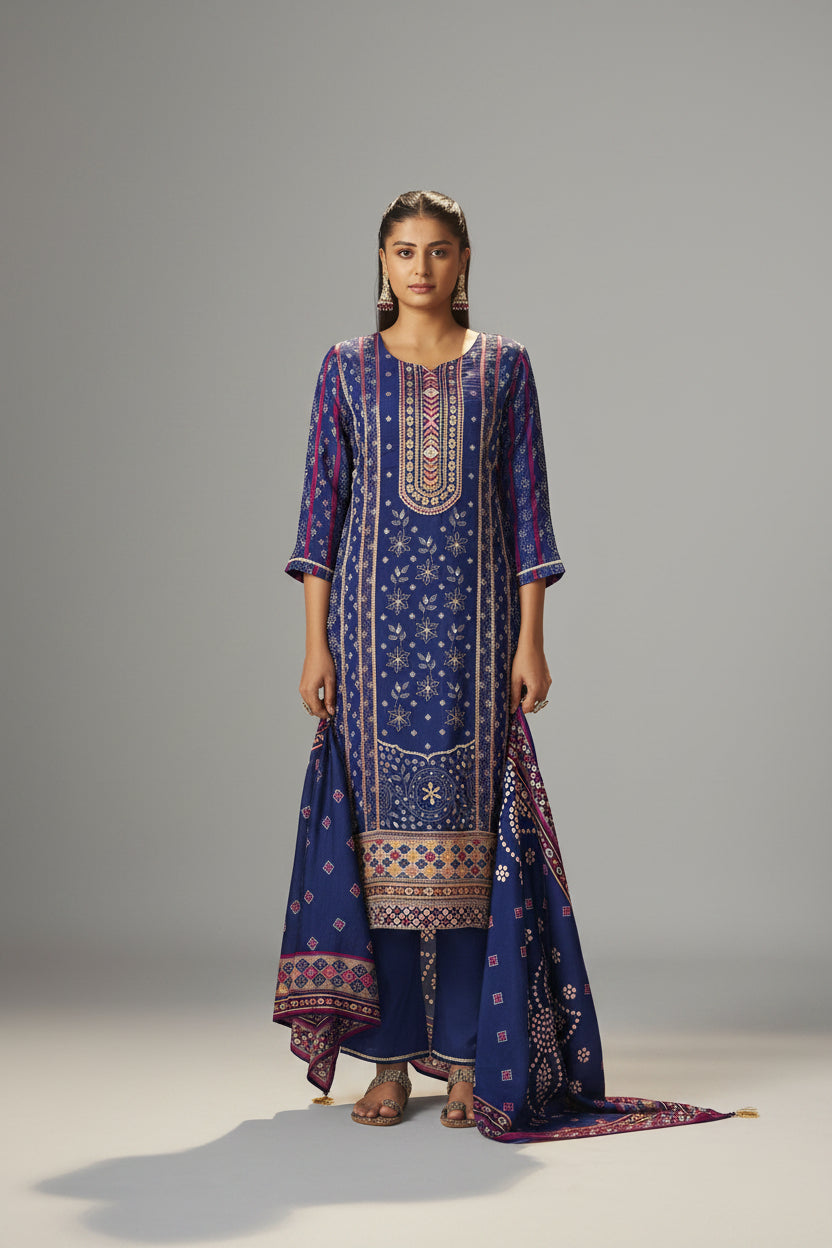 Deep Indigo Blue Viscose Jacquard Position Print Kurta Set