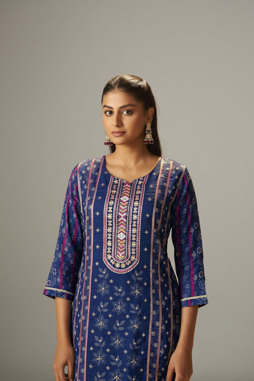 Deep Indigo Blue Viscose Jacquard Position Print Kurta Set