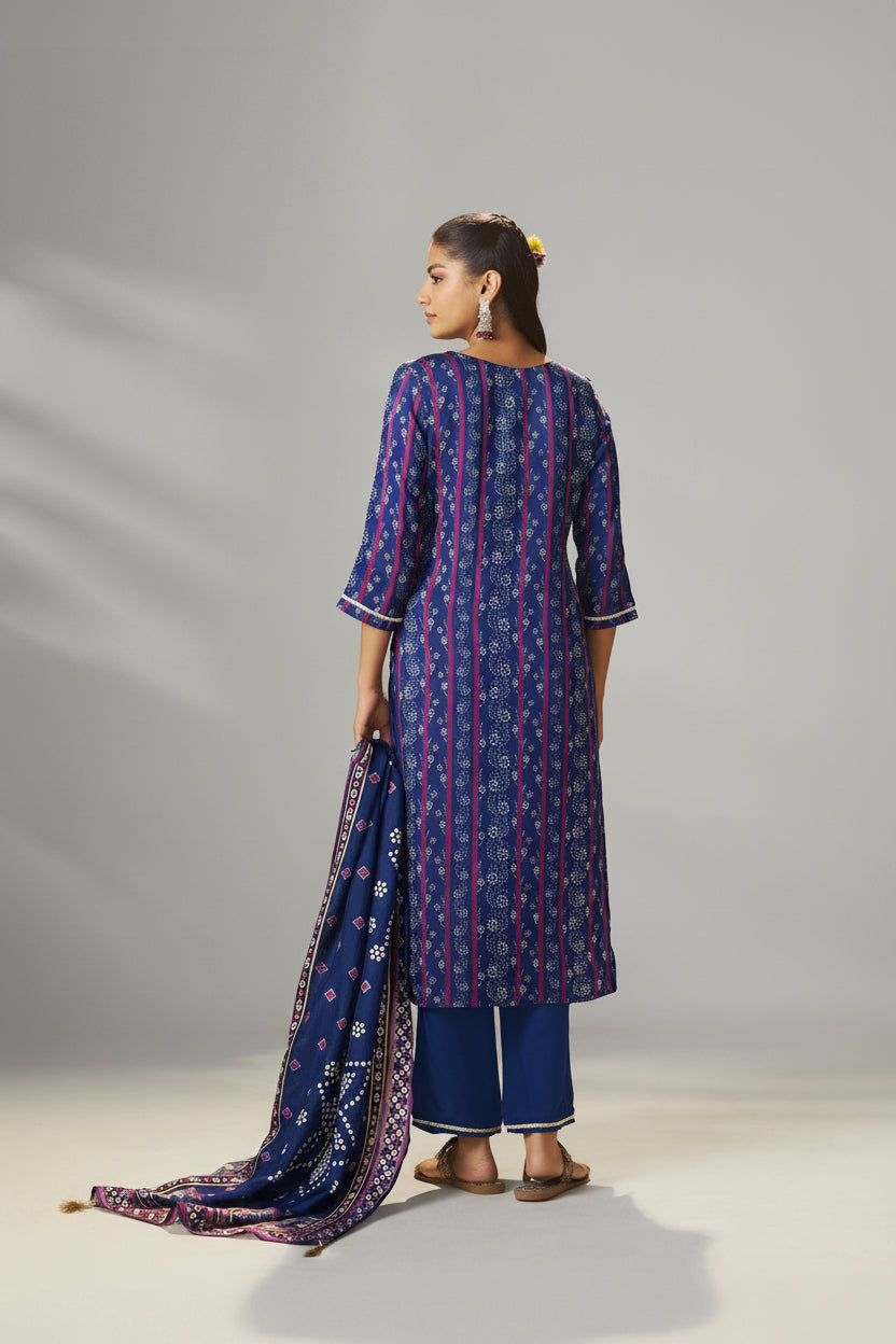 Deep Indigo Blue Viscose Jacquard Position Print Kurta Set