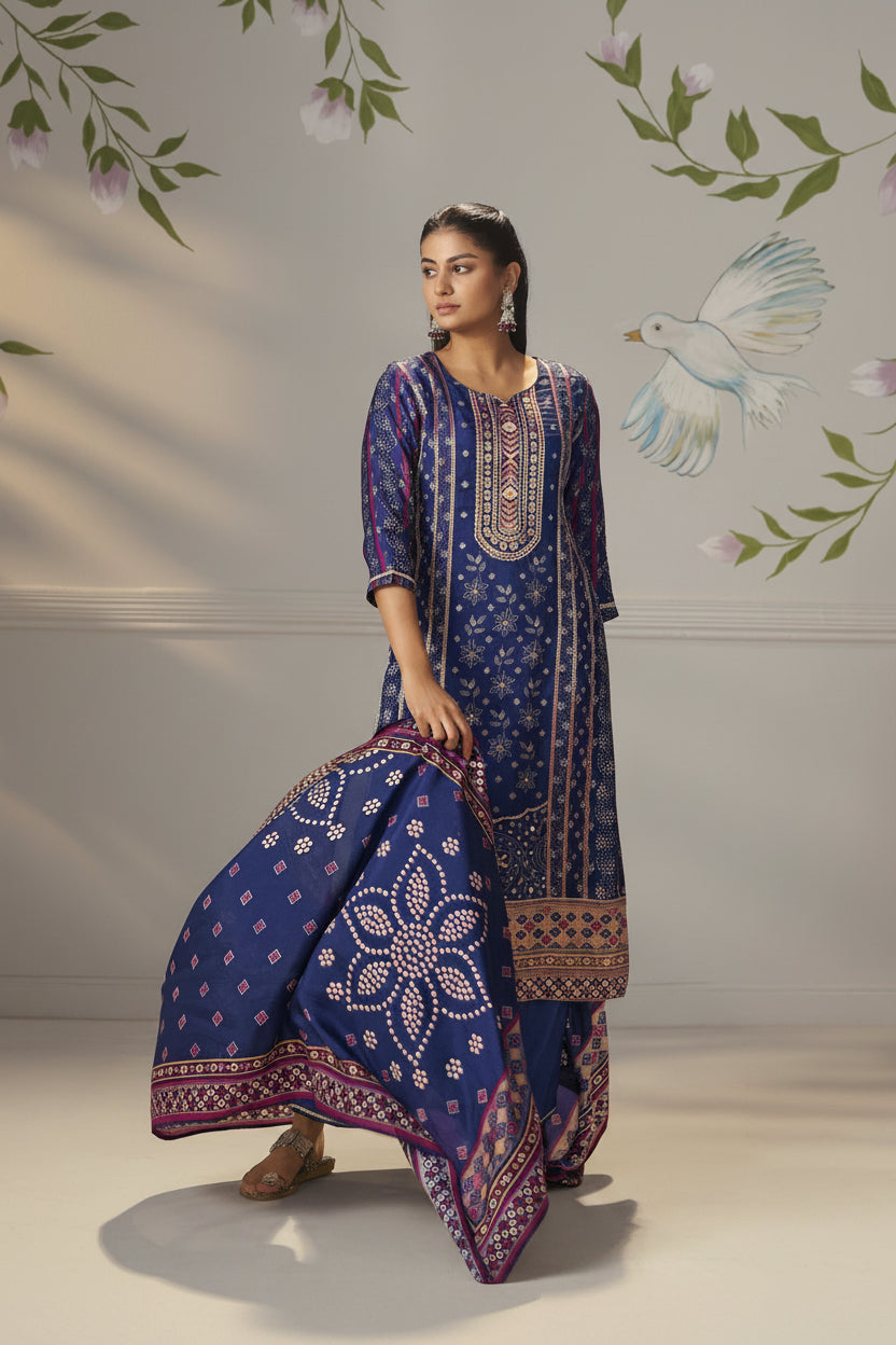 Deep Indigo Blue Viscose Jacquard Position Print Kurta Set