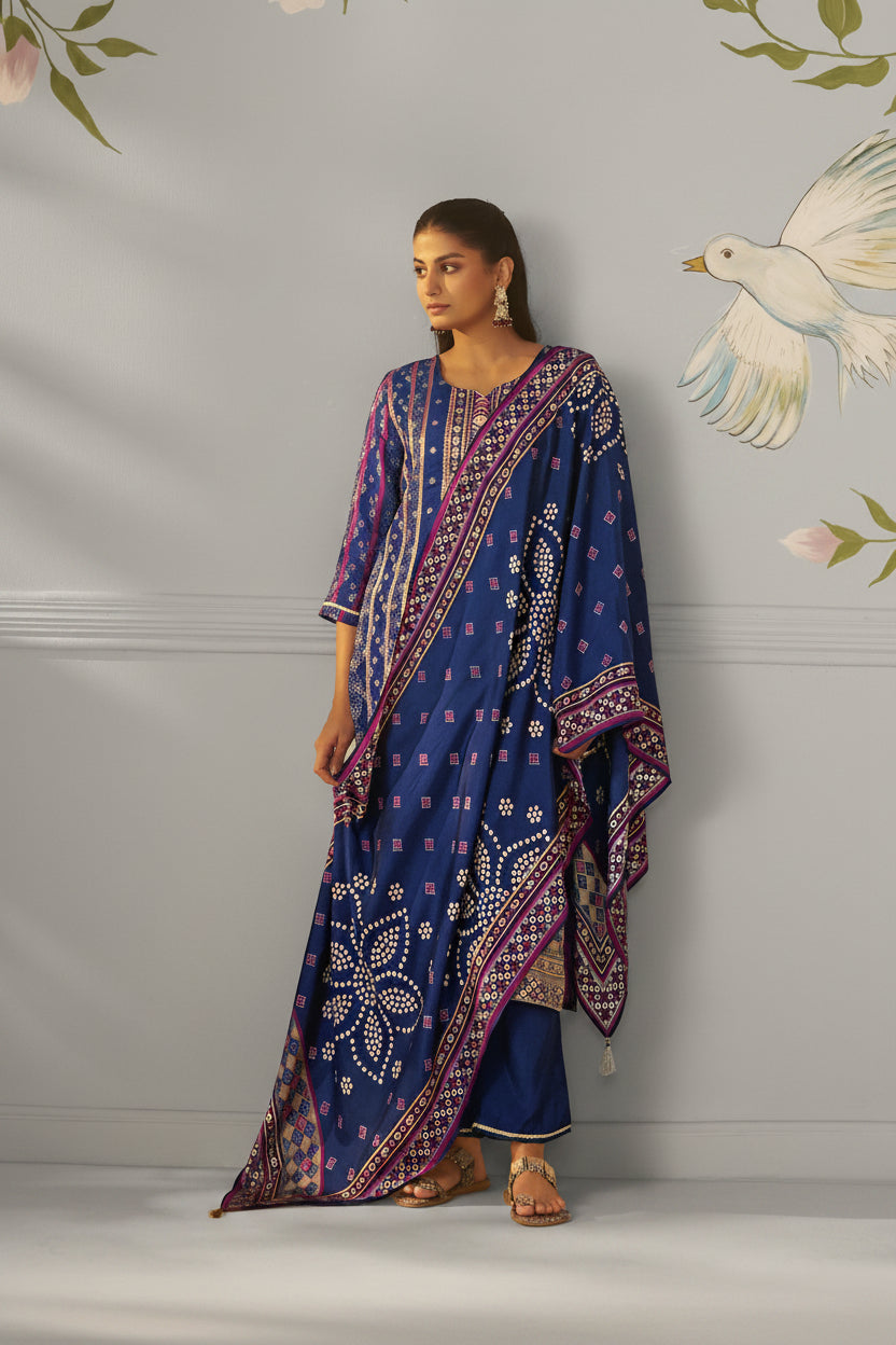 Deep Indigo Blue Viscose Jacquard Position Print Kurta Set