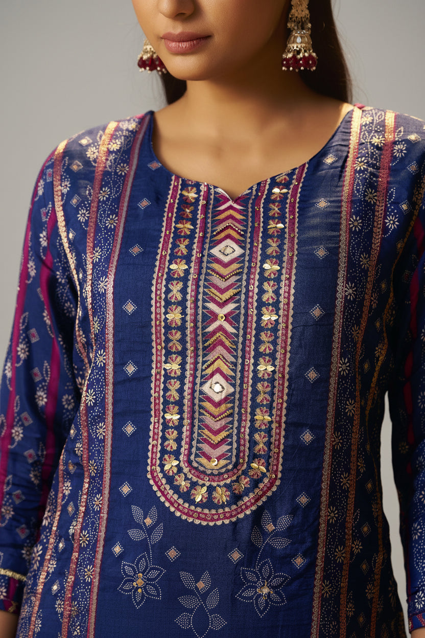 Deep Indigo Blue Viscose Jacquard Position Print Kurta Set