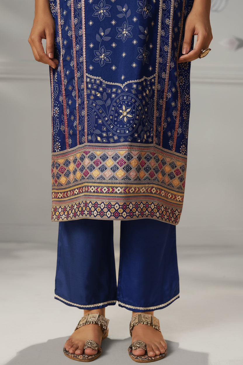 Deep Indigo Blue Viscose Jacquard Position Print Kurta Set