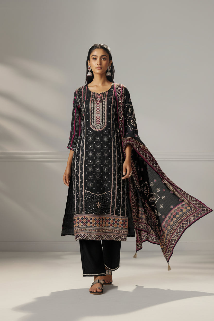 Jet Black Viscose Jacquard Position Print Kurta Set