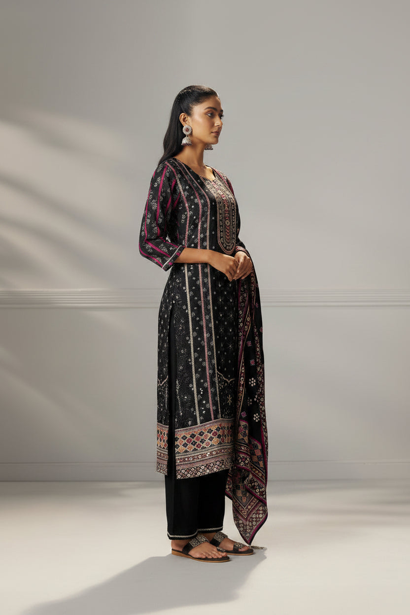 Jet Black Viscose Jacquard Position Print Kurta Set