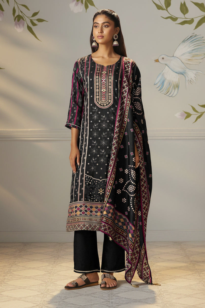 Jet Black Viscose Jacquard Position Print Kurta Set
