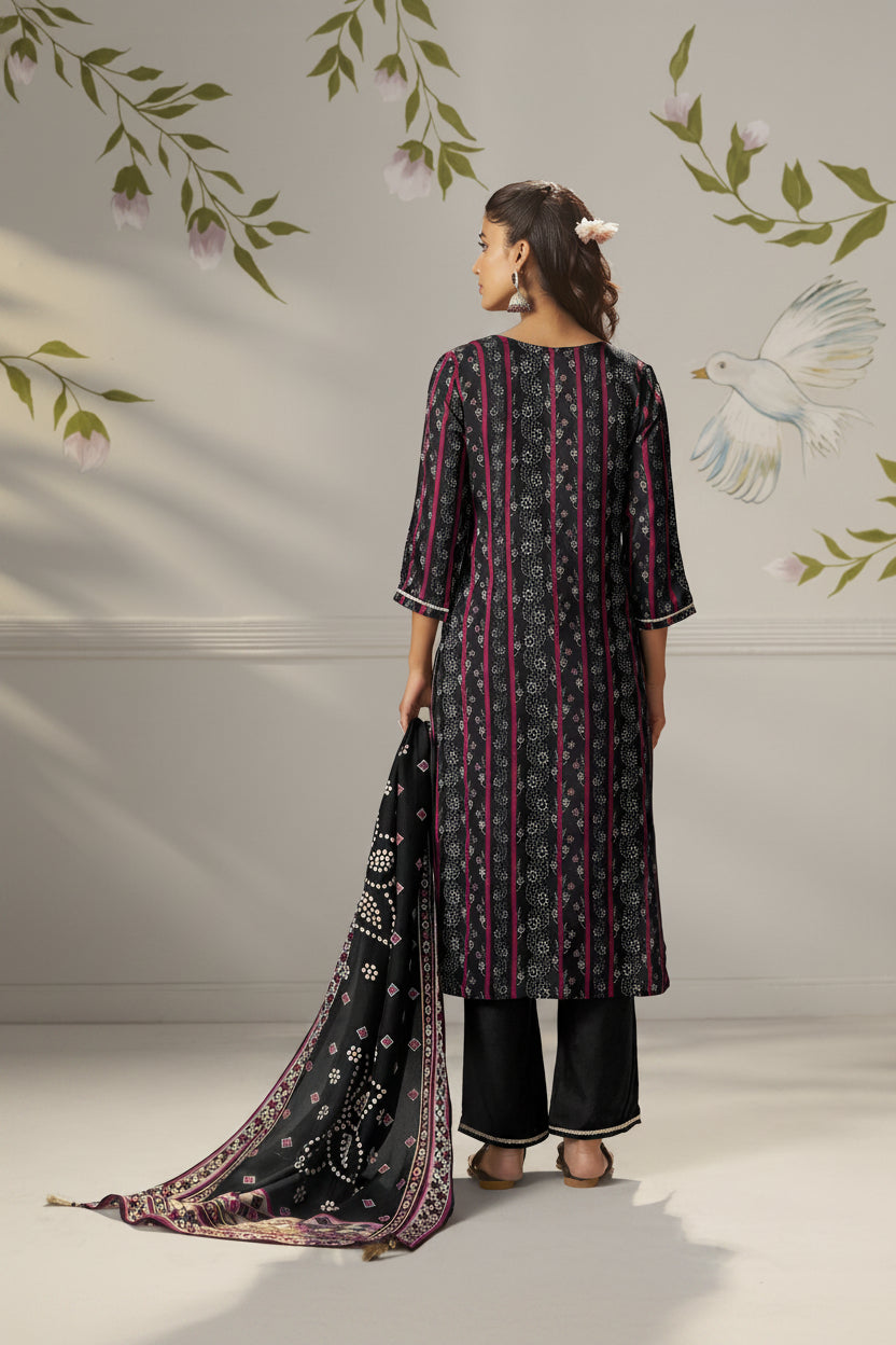 Jet Black Viscose Jacquard Position Print Kurta Set