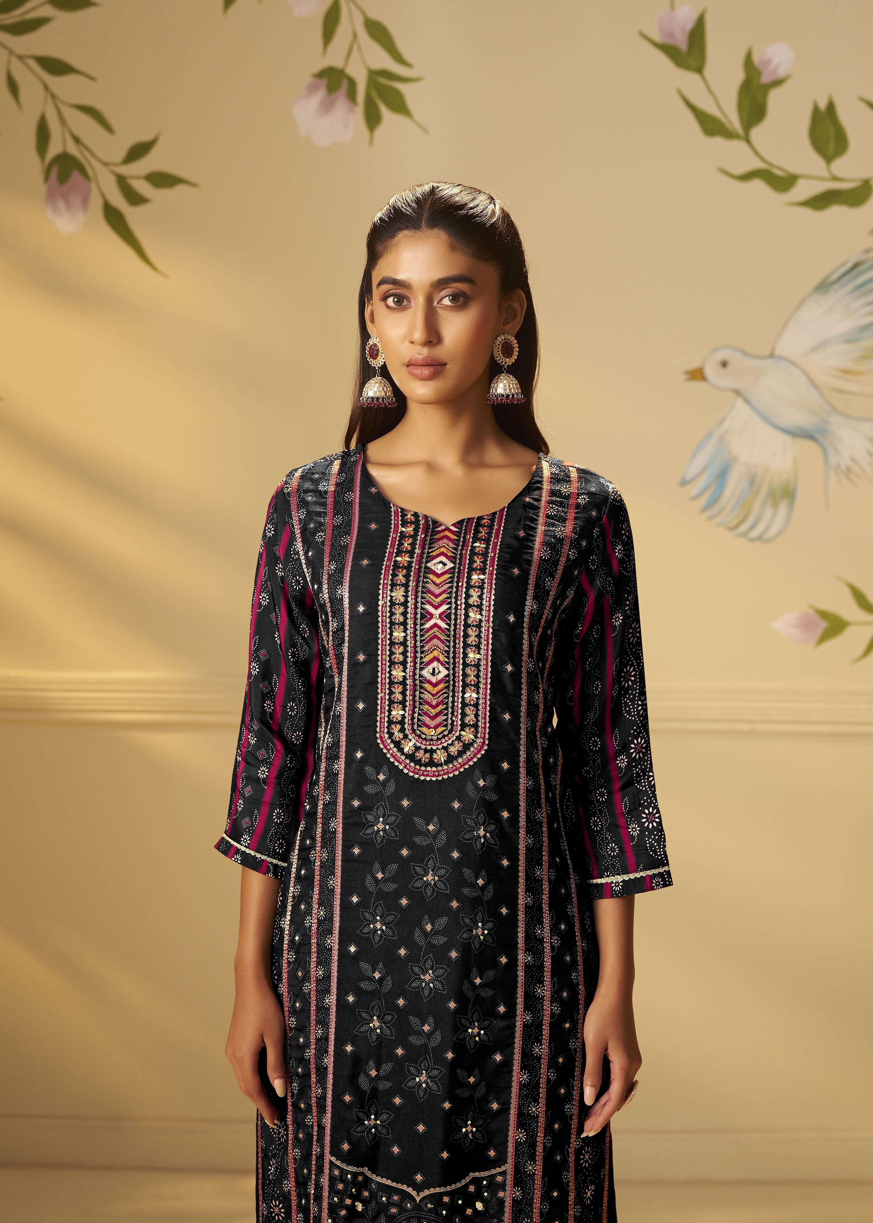 Jet Black Viscose Jacquard Position Print Kurta Set