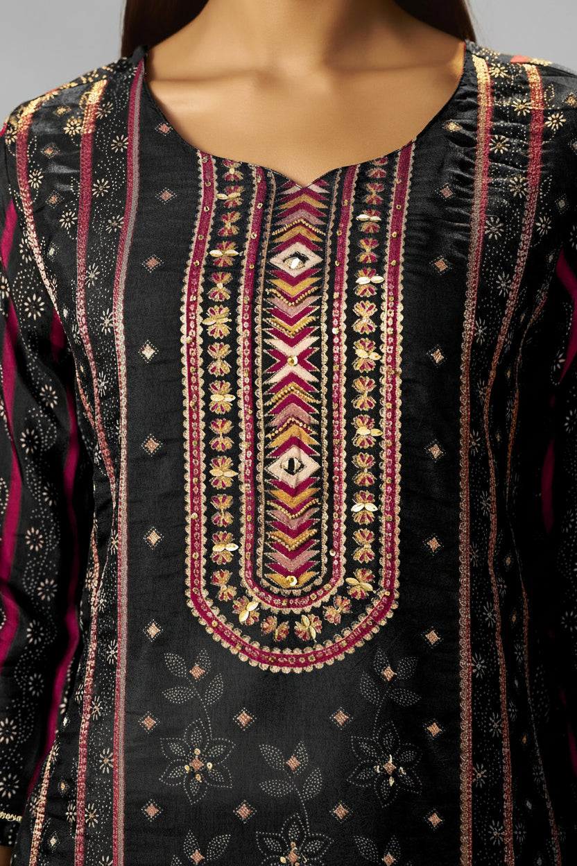 Jet Black Viscose Jacquard Position Print Kurta Set