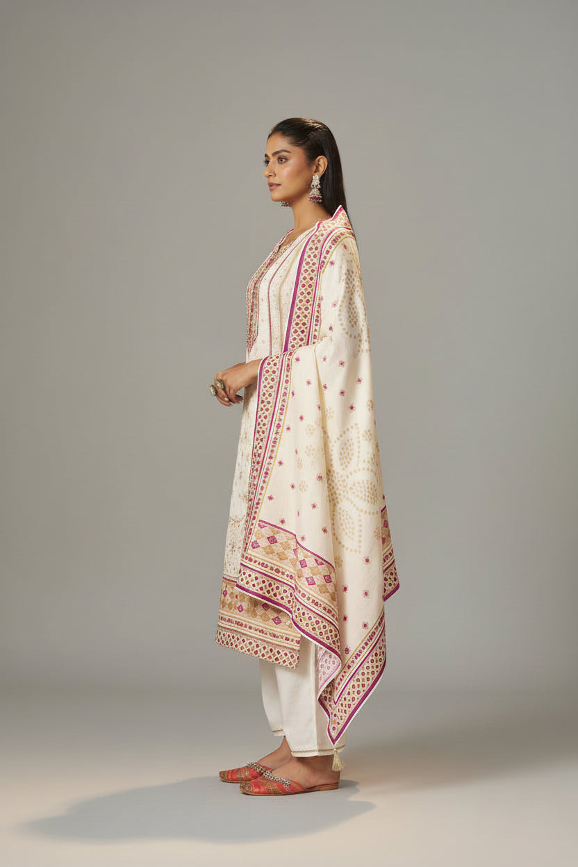 Cream White Viscose Jacquard Position Print Kurta Set