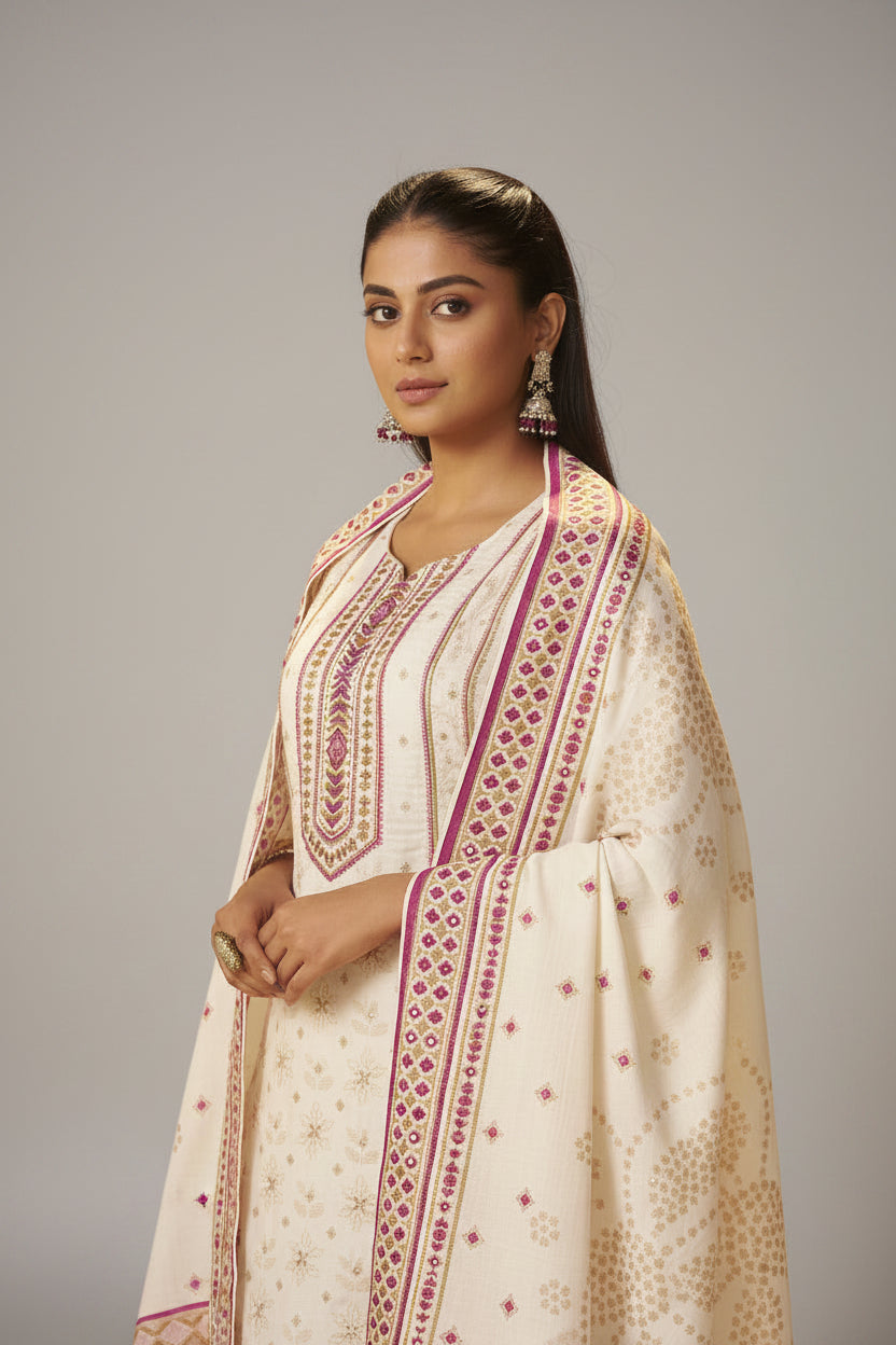 Cream White Viscose Jacquard Position Print Kurta Set