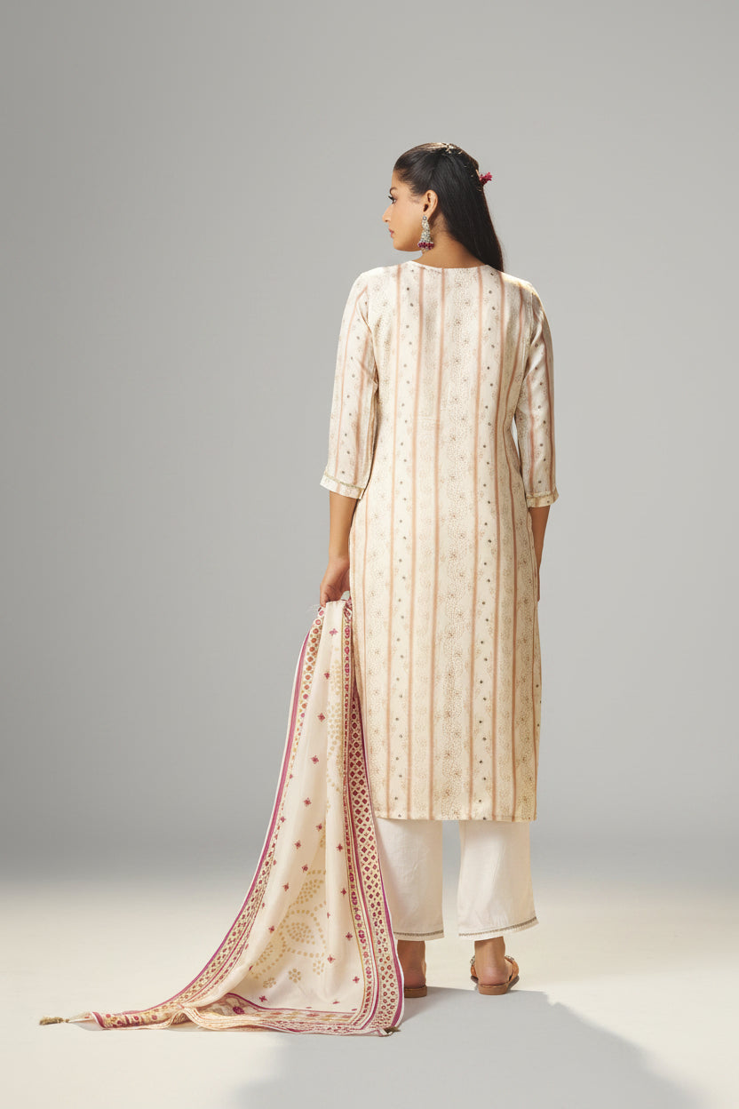 Cream White Viscose Jacquard Position Print Kurta Set