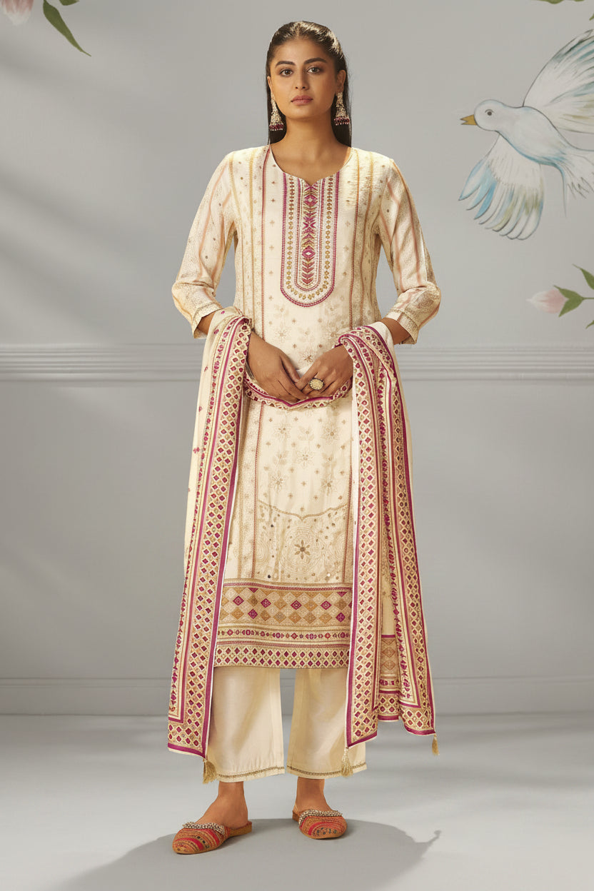 Cream White Viscose Jacquard Position Print Kurta Set