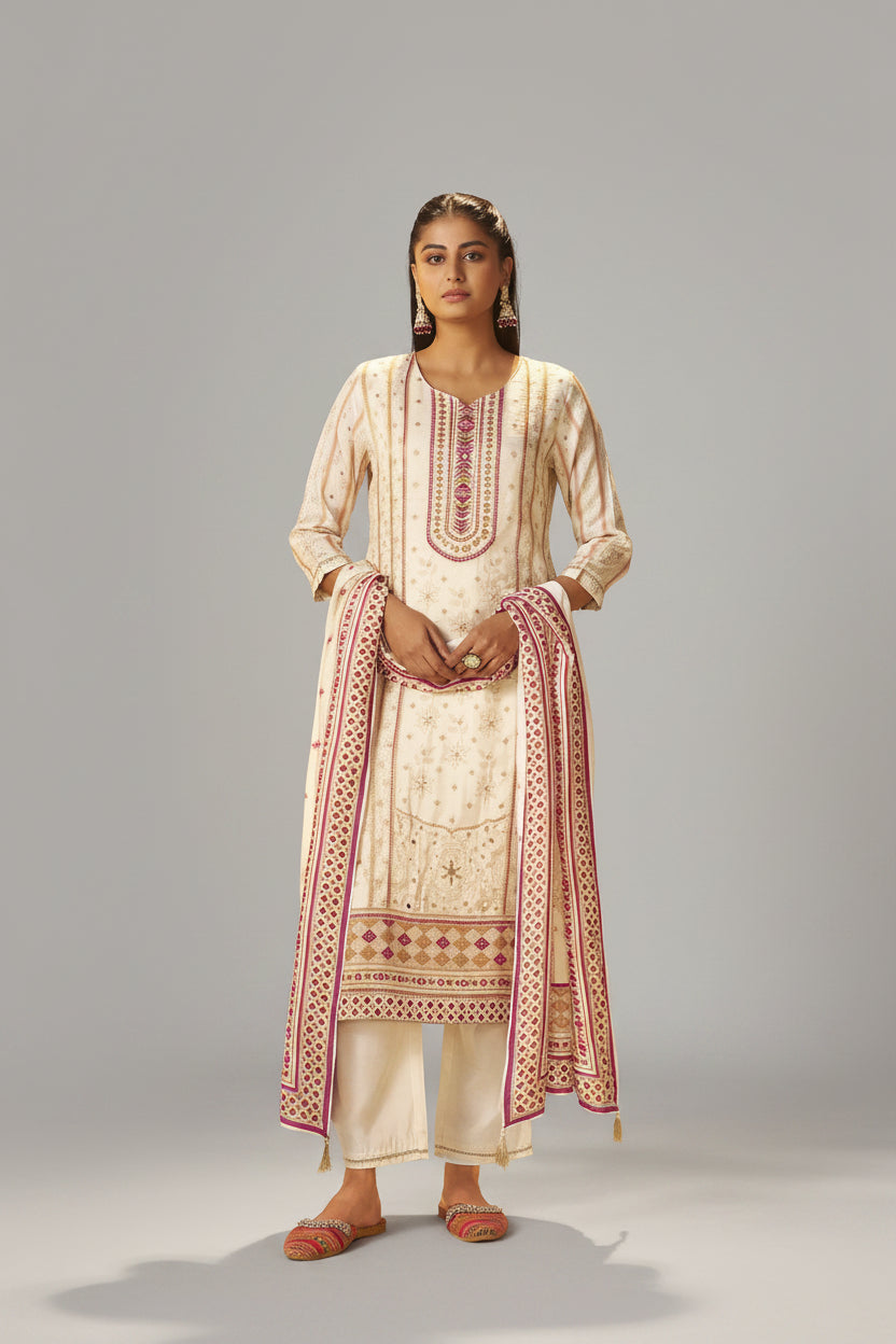 Cream White Viscose Jacquard Position Print Kurta Set