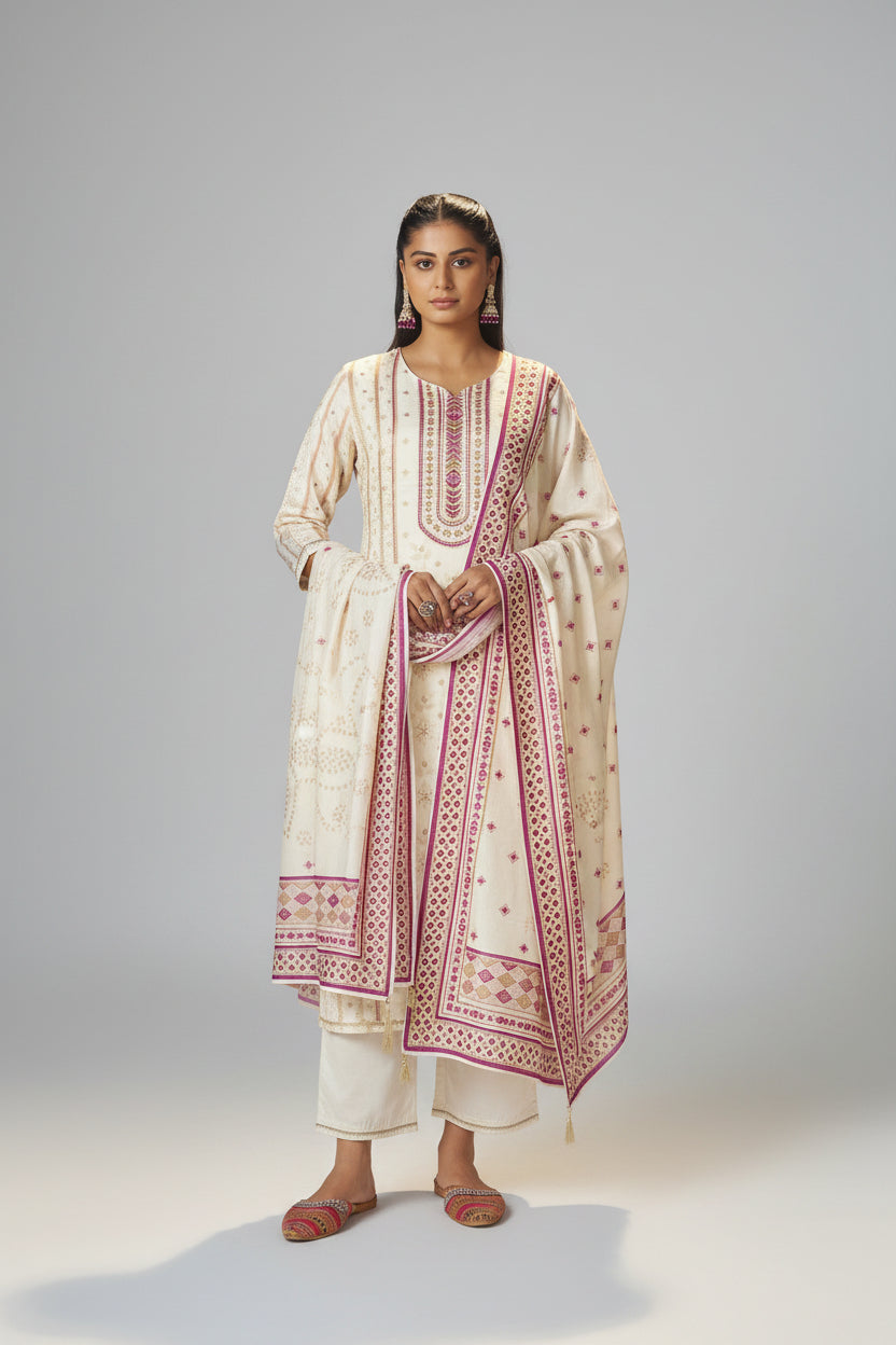 Cream White Viscose Jacquard Position Print Kurta Set