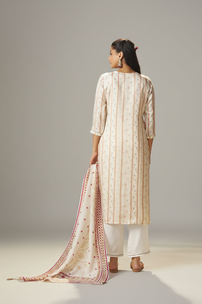 Cream White Viscose Jacquard Position Print Kurta Set