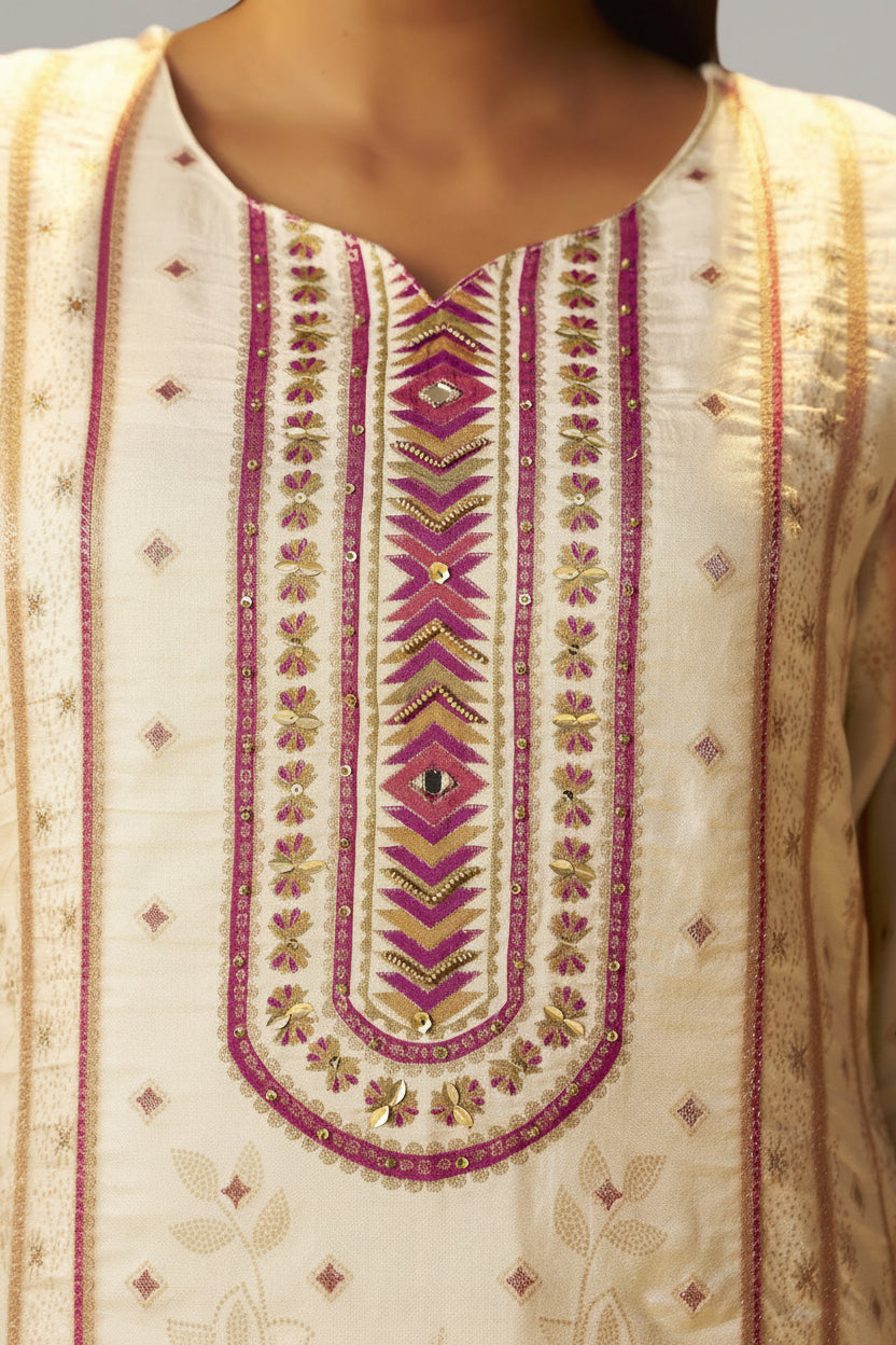 Cream White Viscose Jacquard Position Print Kurta Set