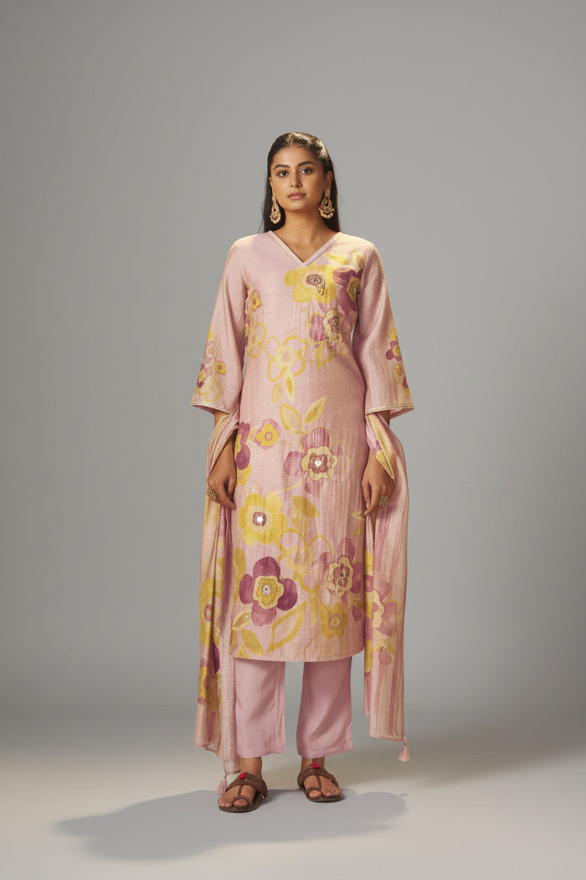 Crystal Rose Shimmer Linen Digital Print Kurta Set