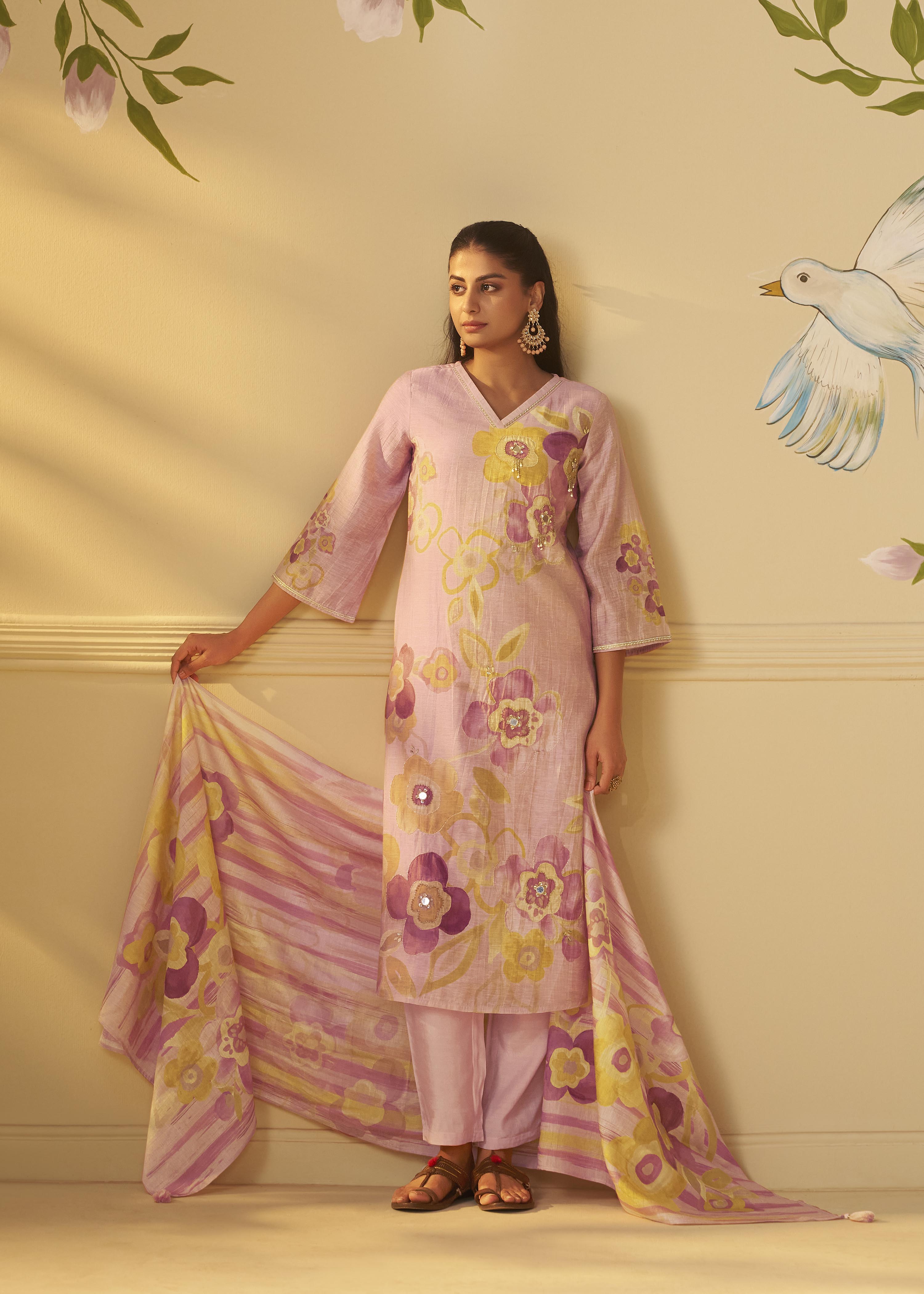 Crystal Rose Shimmer Linen Digital Print Kurta Set