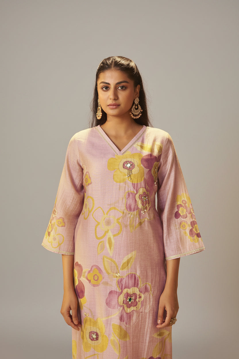 Crystal Rose Shimmer Linen Digital Print Kurta Set