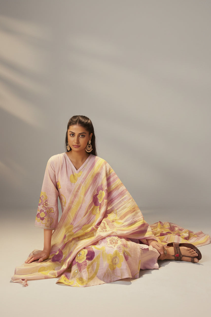 Crystal Rose Shimmer Linen Digital Print Kurta Set