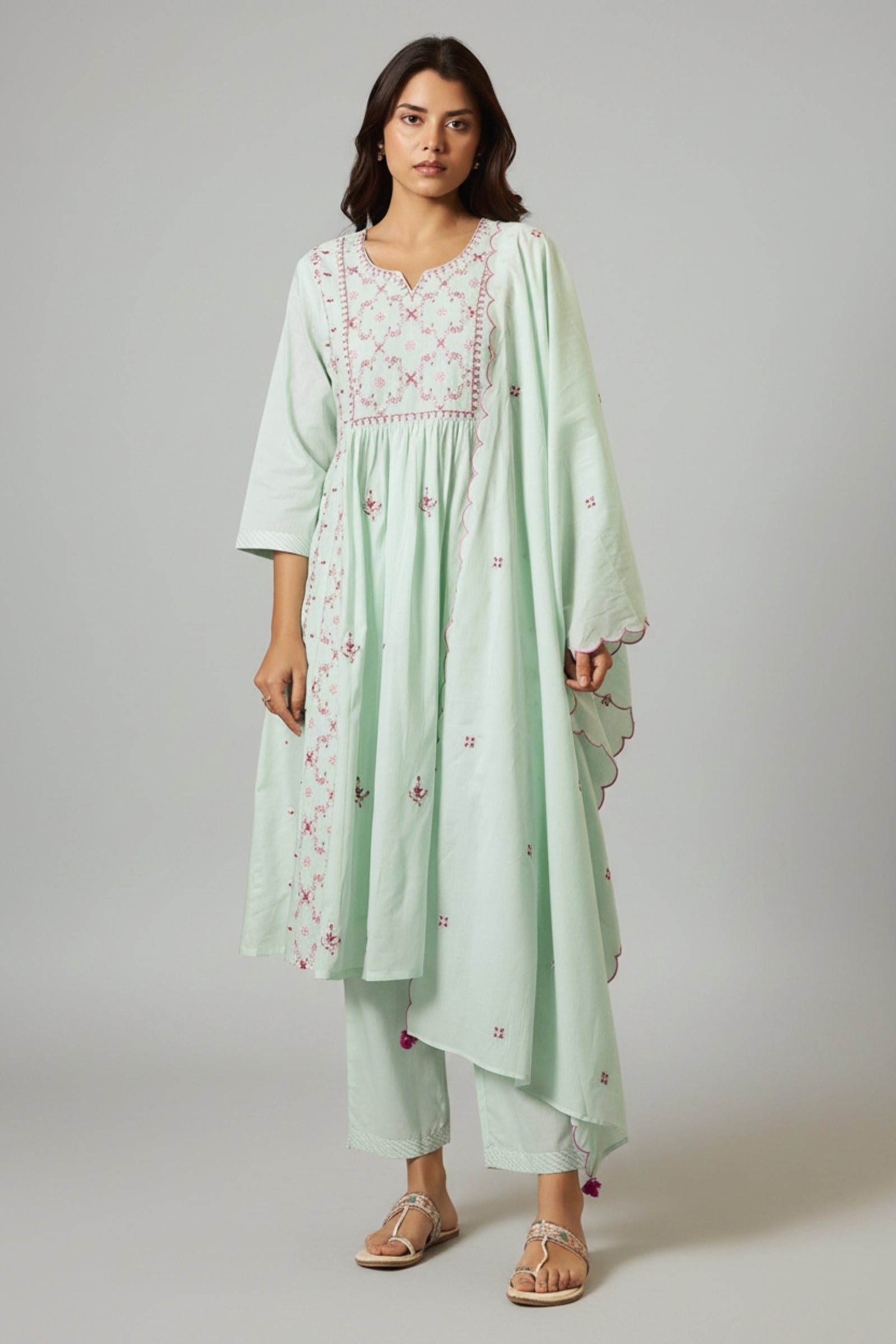 Ice Green A-Line Pure Cotton Embroidery Kurta Set