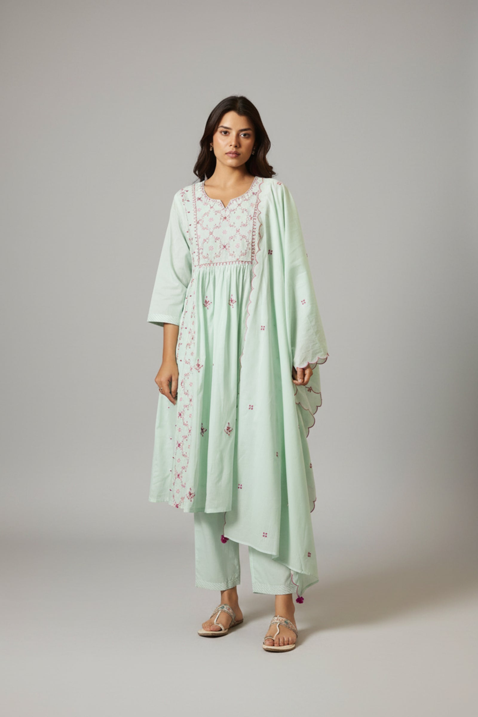Ice Green A-Line Pure Cotton Embroidery Kurta Set