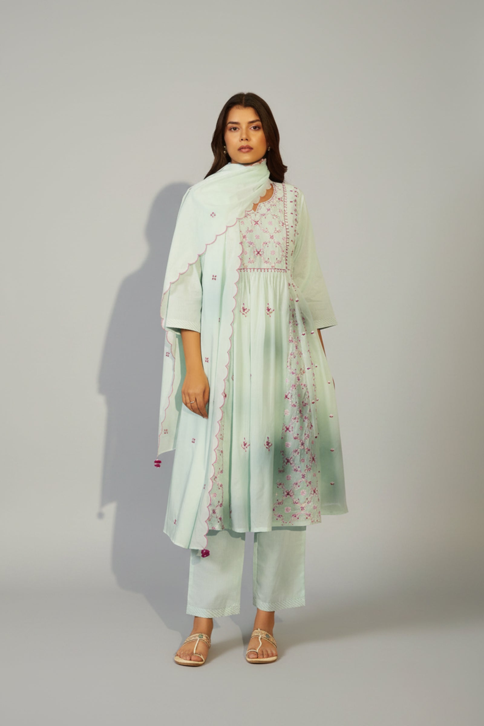 Ice Green A-Line Pure Cotton Embroidery Kurta Set