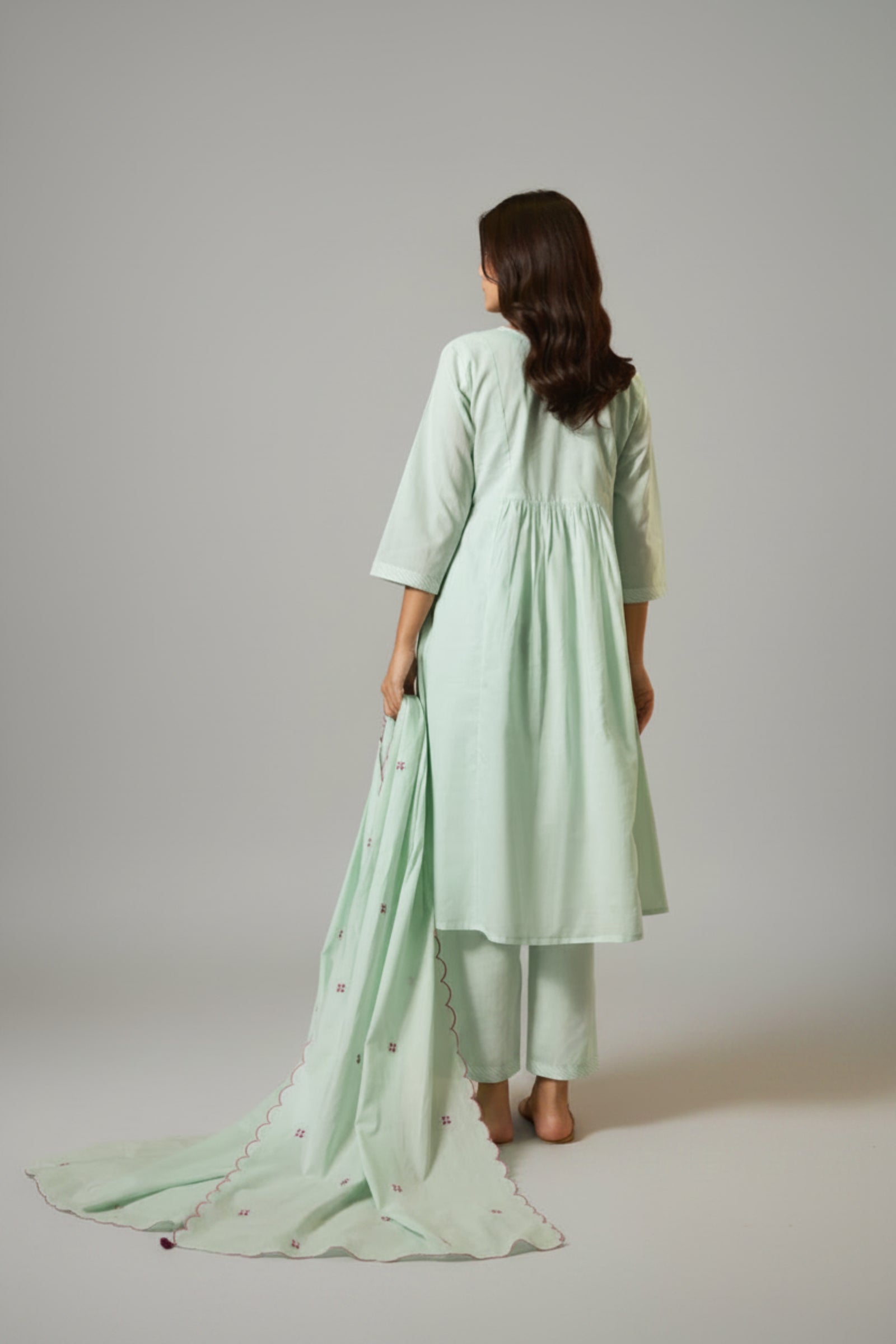 Ice Green A-Line Pure Cotton Embroidery Kurta Set