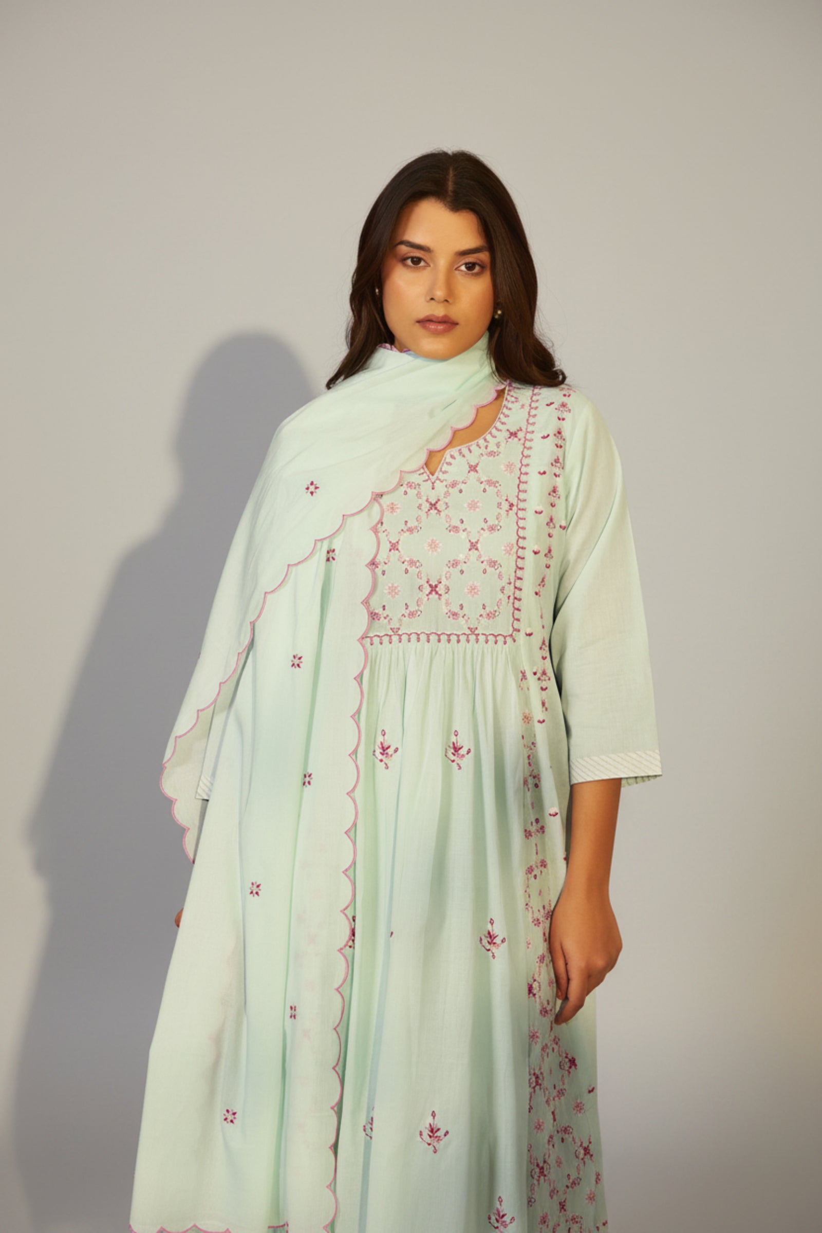 Ice Green A-Line Pure Cotton Embroidery Kurta Set