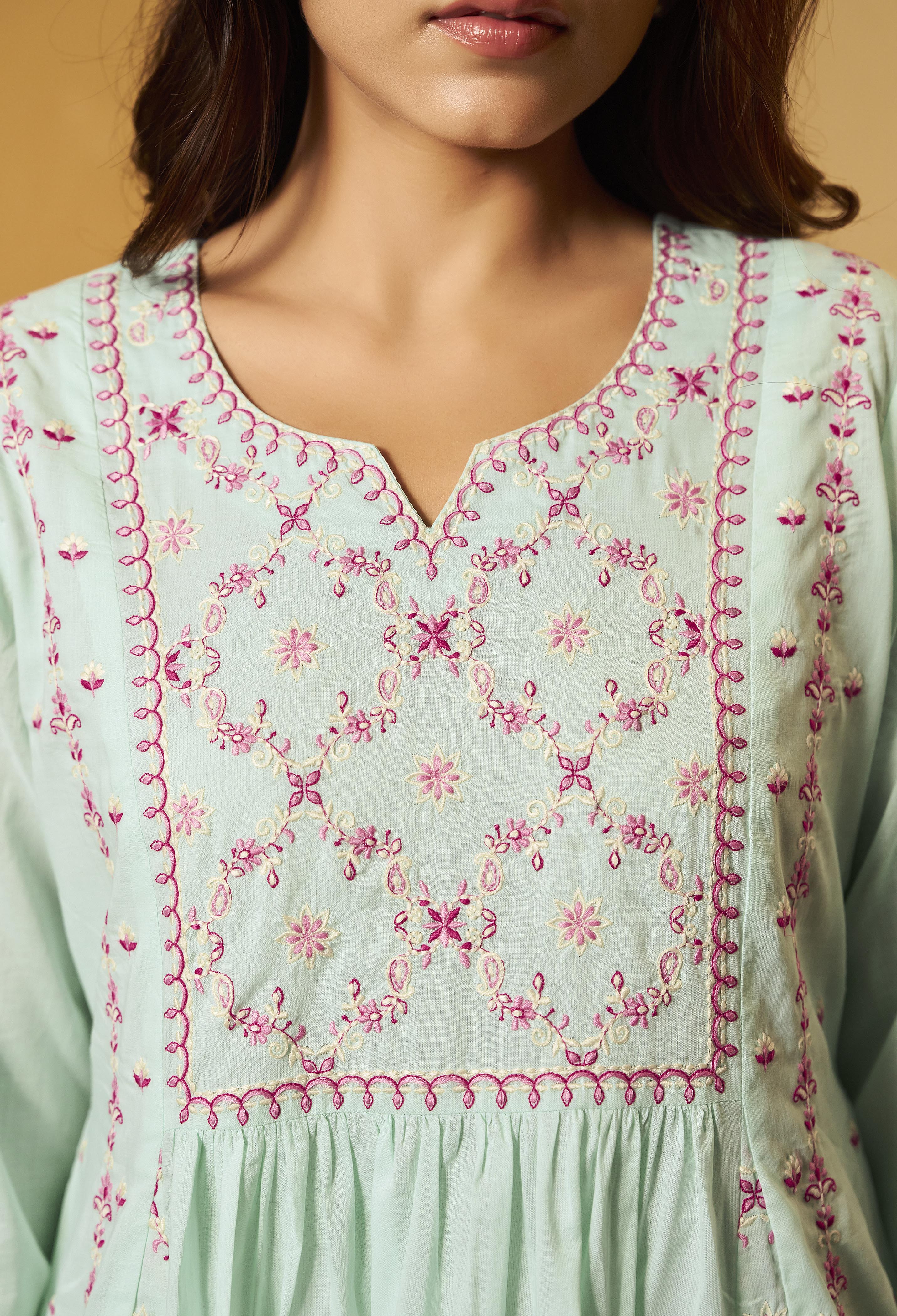 Ice Green A-Line Pure Cotton Embroidery Kurta Set