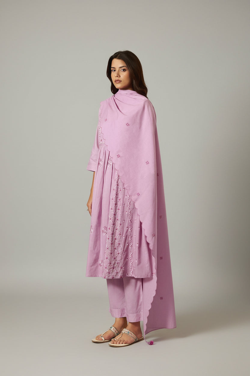 Lavender Pink A-Line Pure Cotton Embroidery Kurta Set