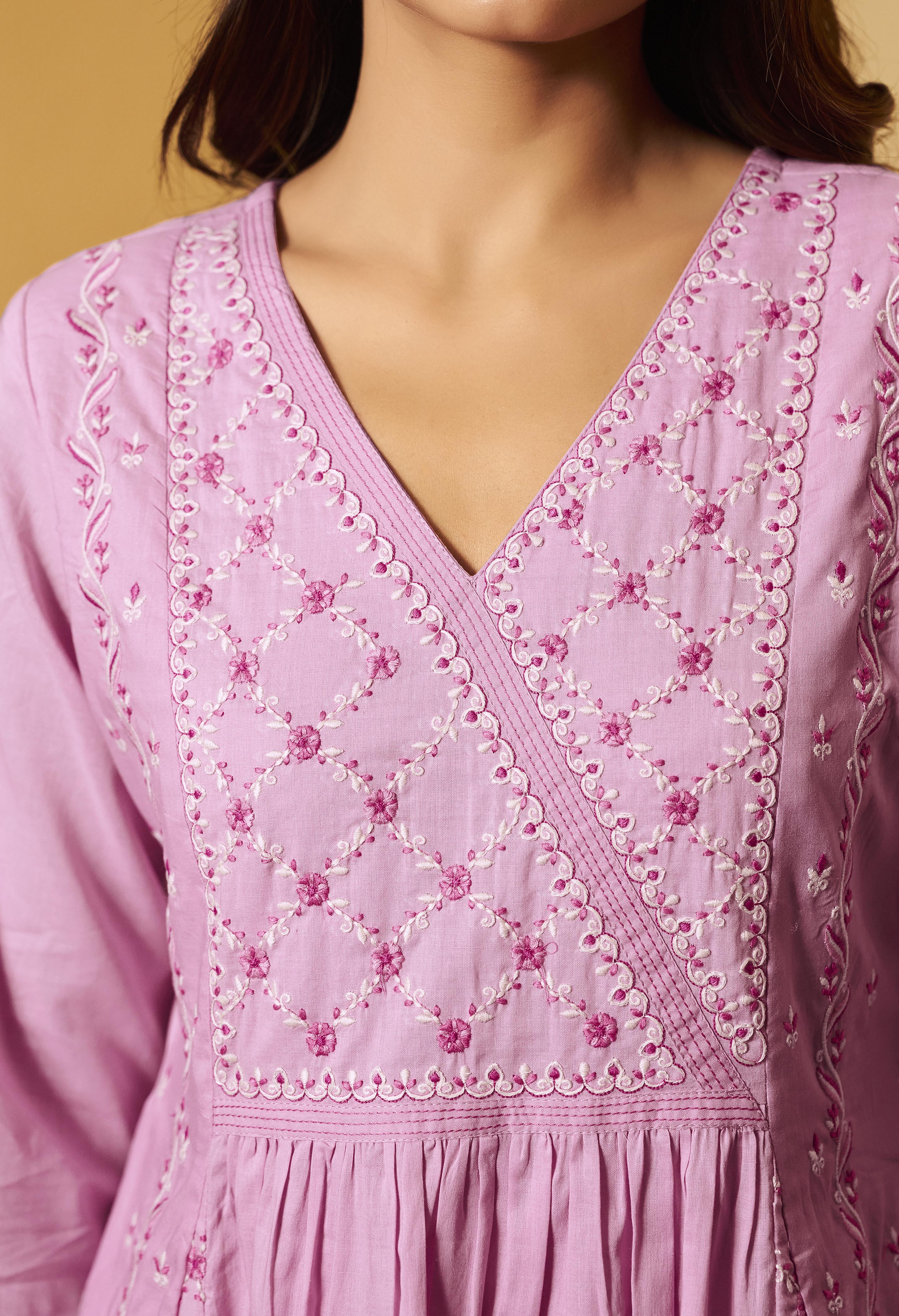 Lavender Pink A-Line Pure Cotton Embroidery Kurta Set